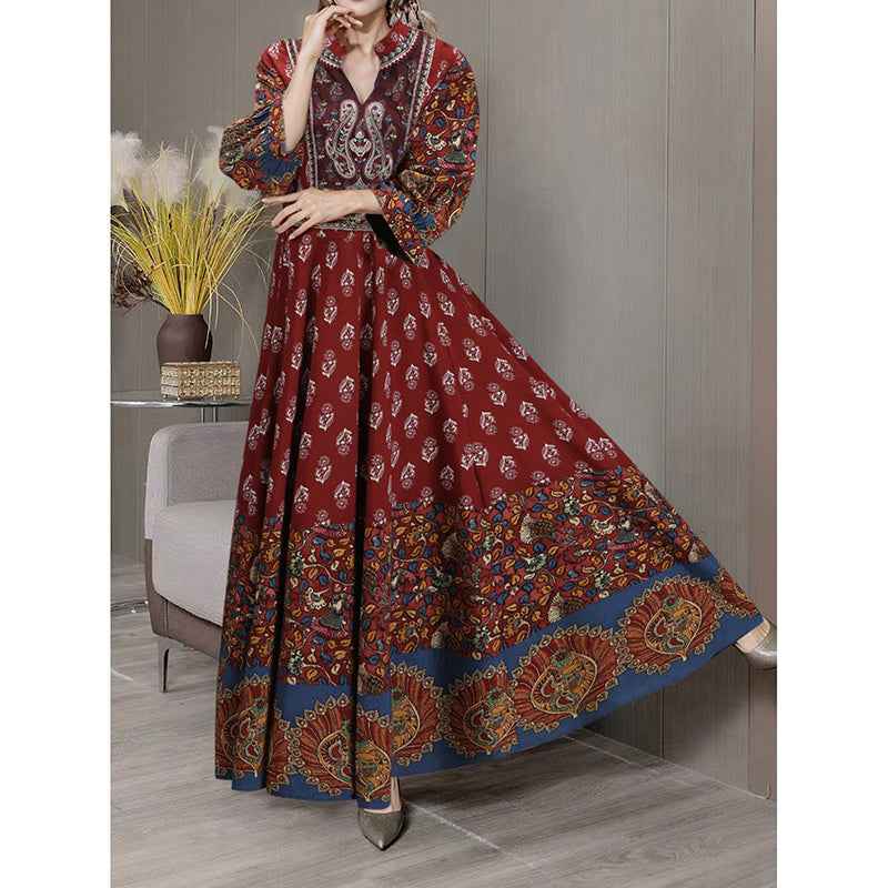 Women's Bohemian Floral Swing Dress Ethnic Embroidery Notched Neck Big Swing Dress