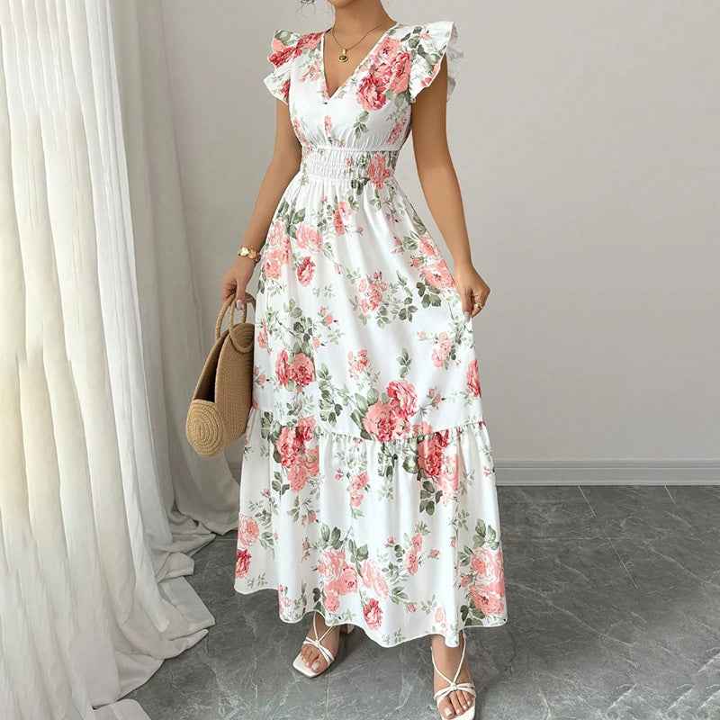 Women’s Summer Maxi Dress – V-Neck, Flutter Sleeve, Smocked Waist, Flowy A-Line Beach Dress