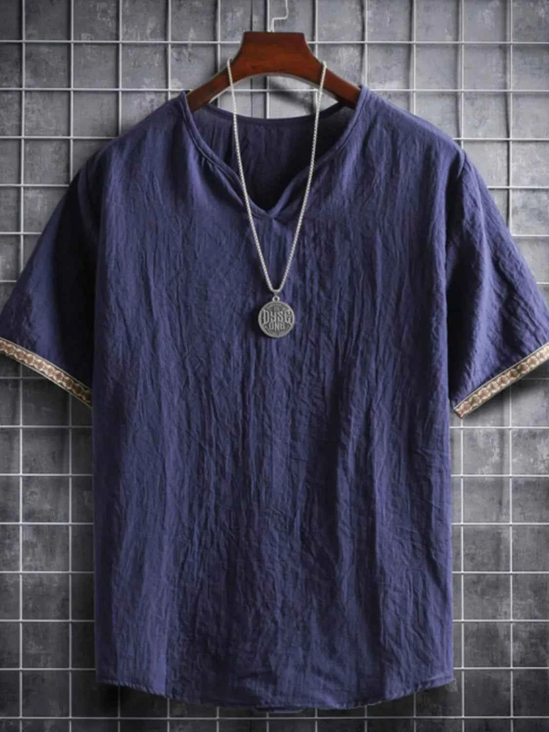 Men's Plus Size Texture Short Sleeve Top with Ethnic Trim