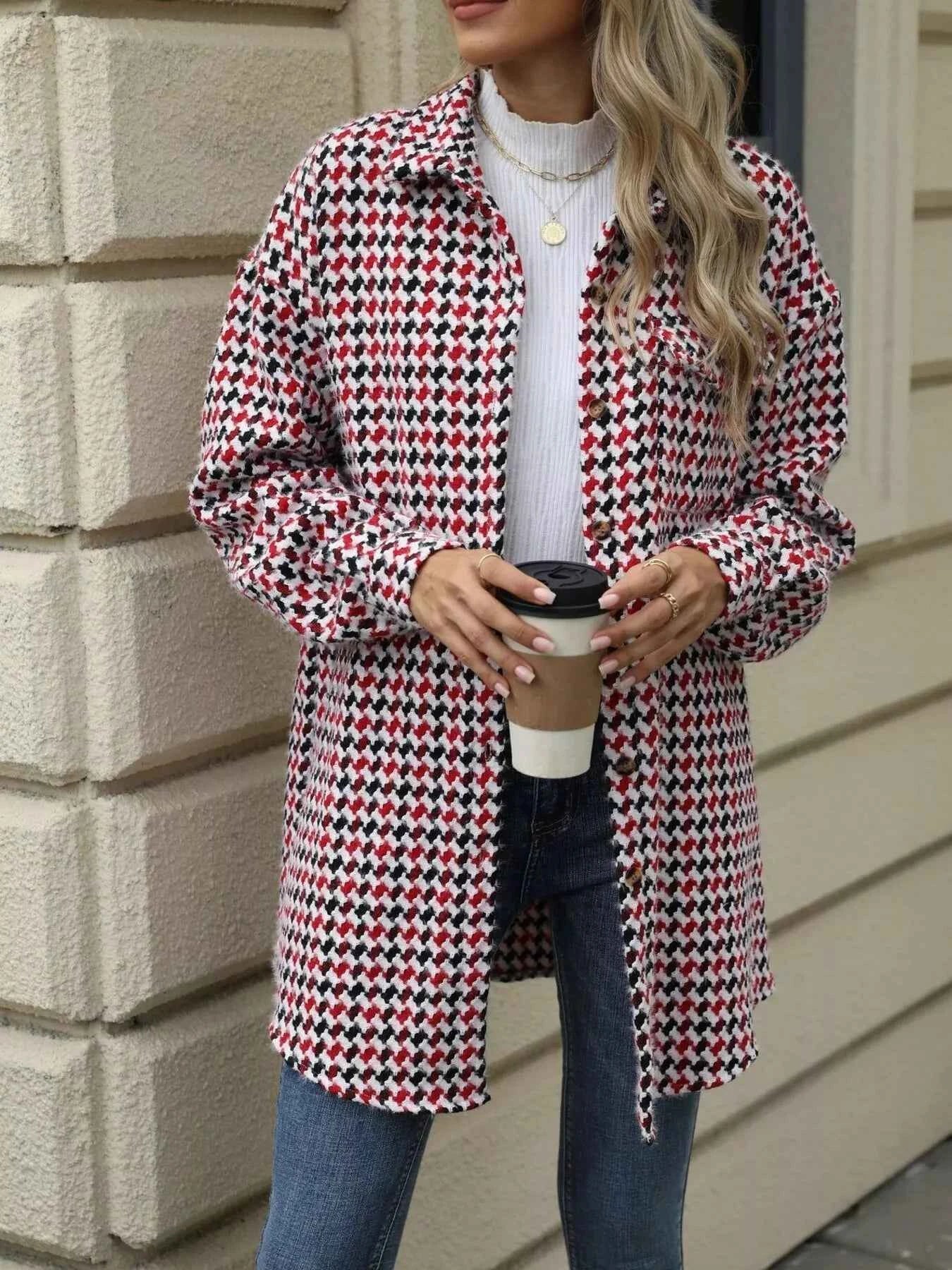 Houndstooth Button Up Long Sleeve Coat