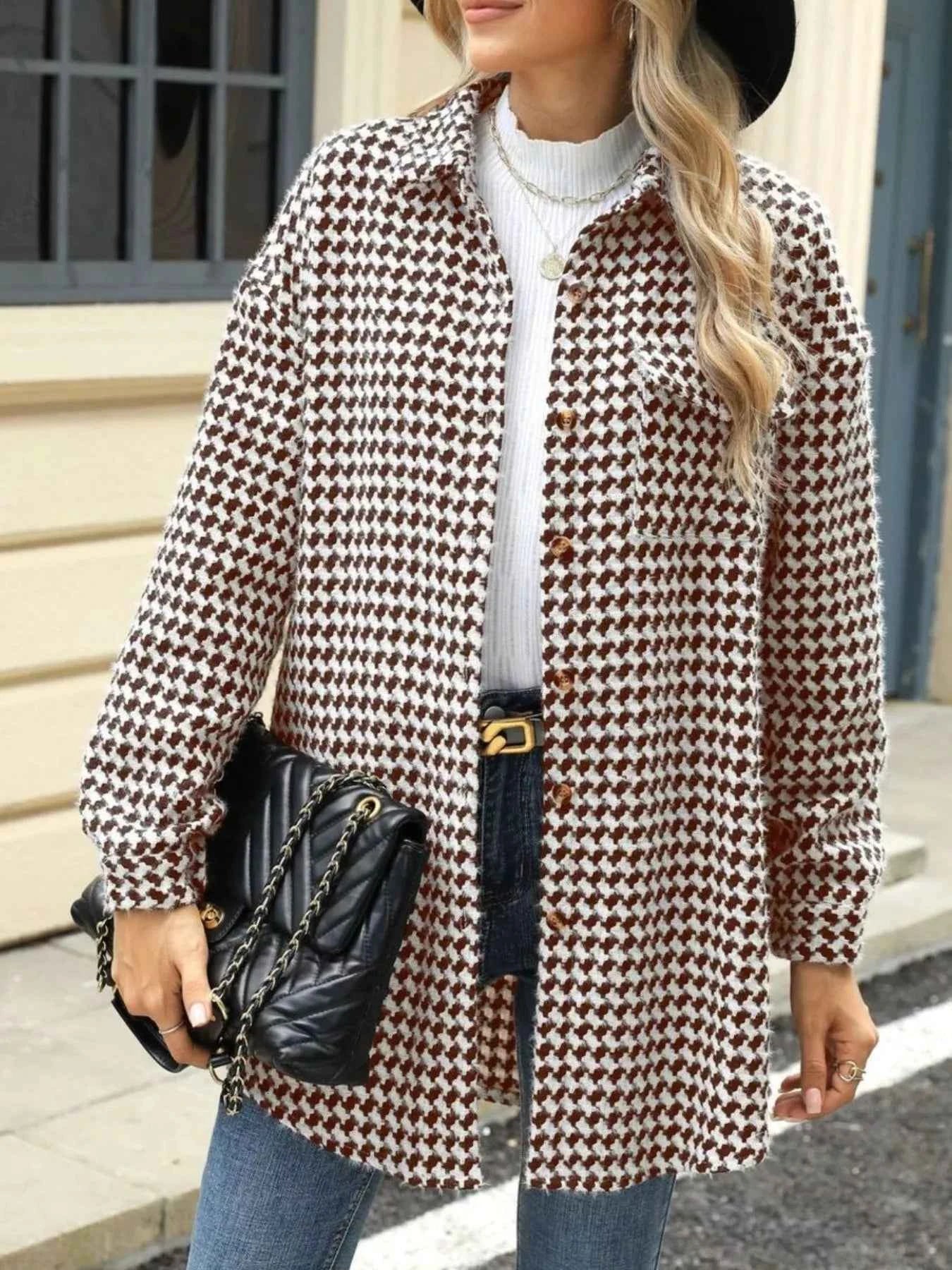 Houndstooth Button Up Long Sleeve Coat