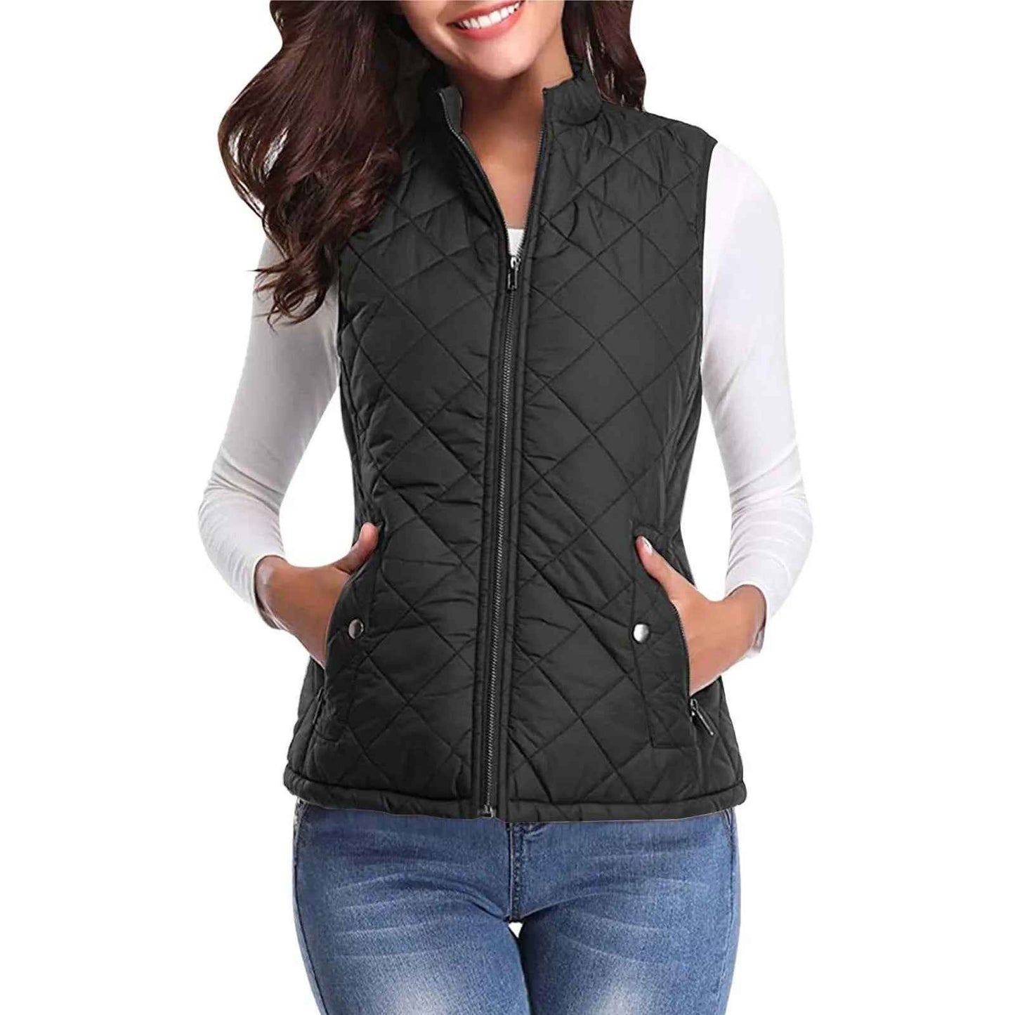 Women'S Padded Vest Quilted Jacket Ladies Zipper Sleeveless Waistcoat Autumn Winter Lightweight Comfortable Cotton down Vests
