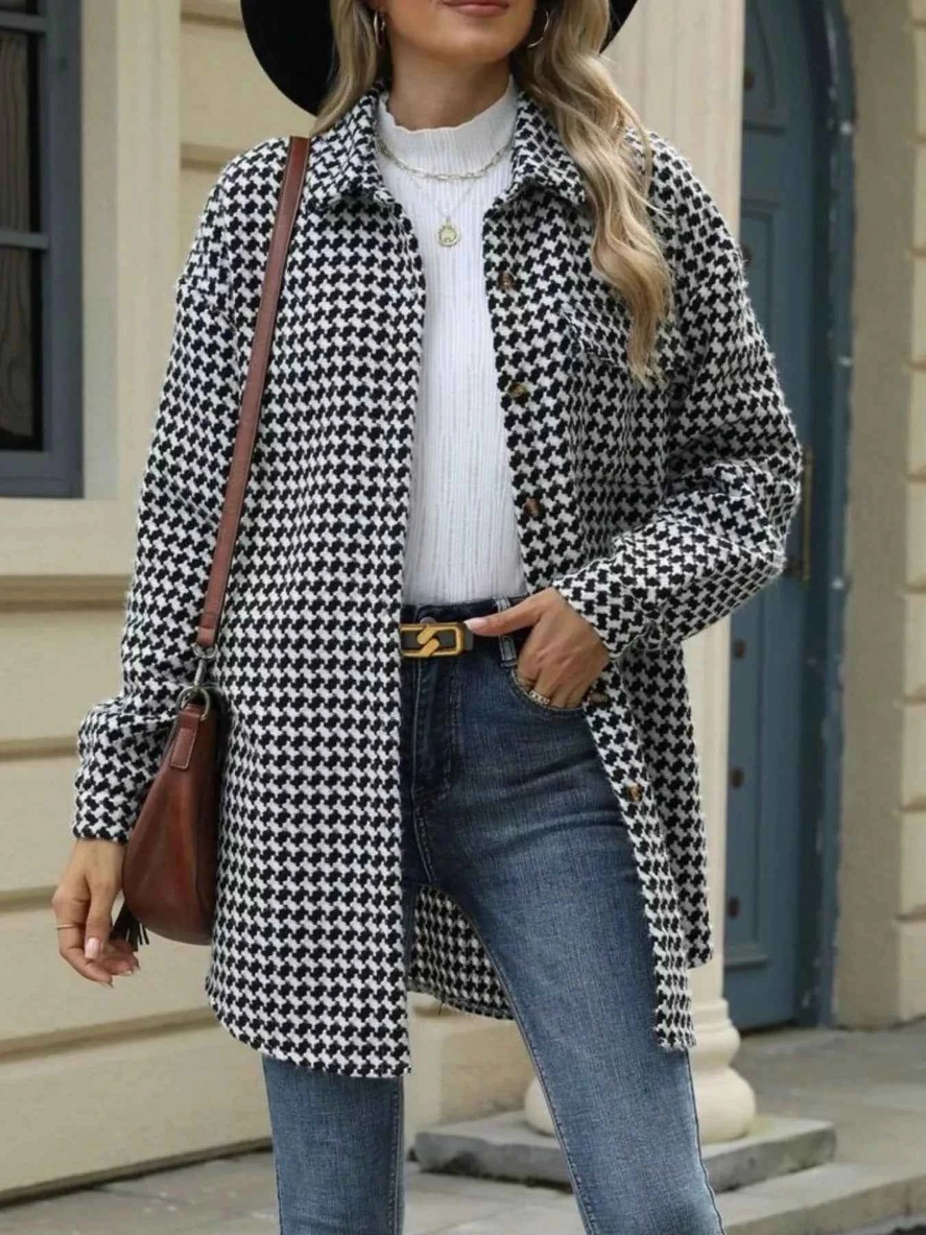 Houndstooth Button Up Long Sleeve Coat