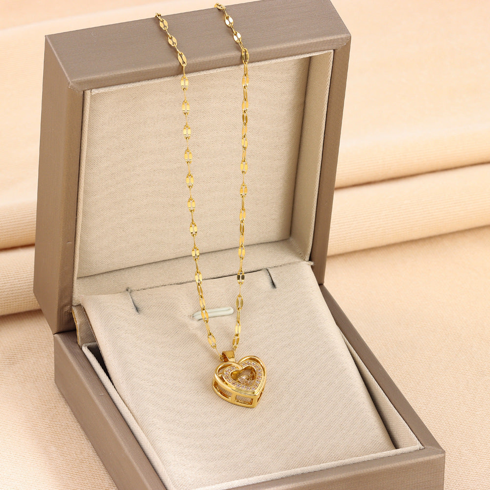 Double-layer Love Necklace With Rhinestones Titanium Steel Pendant - OnlyAttire
