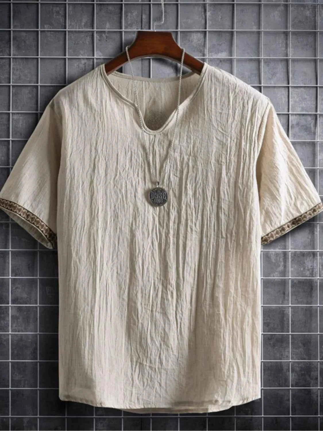 Men's Plus Size Texture Short Sleeve Top with Ethnic Trim