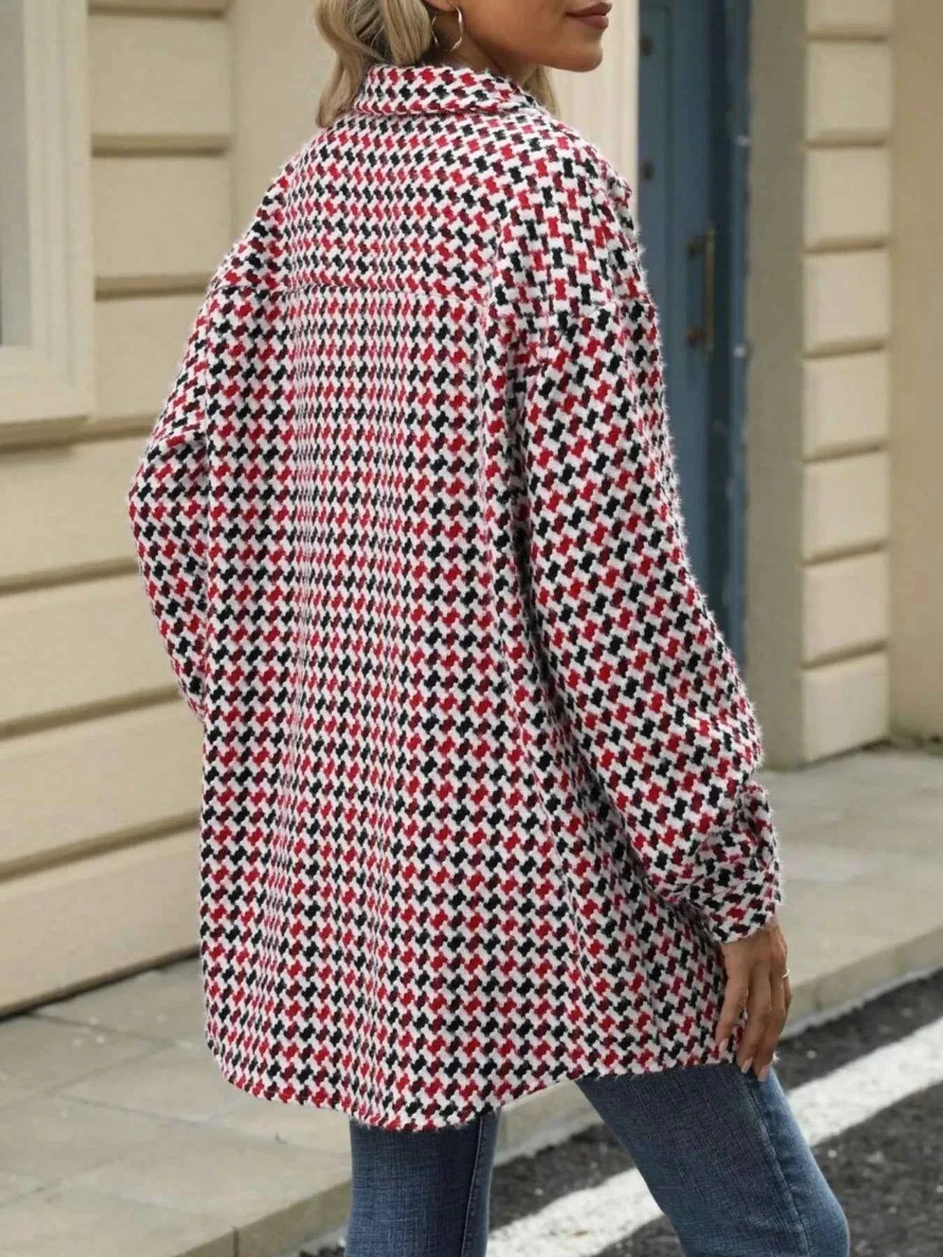 Houndstooth Button Up Long Sleeve Coat