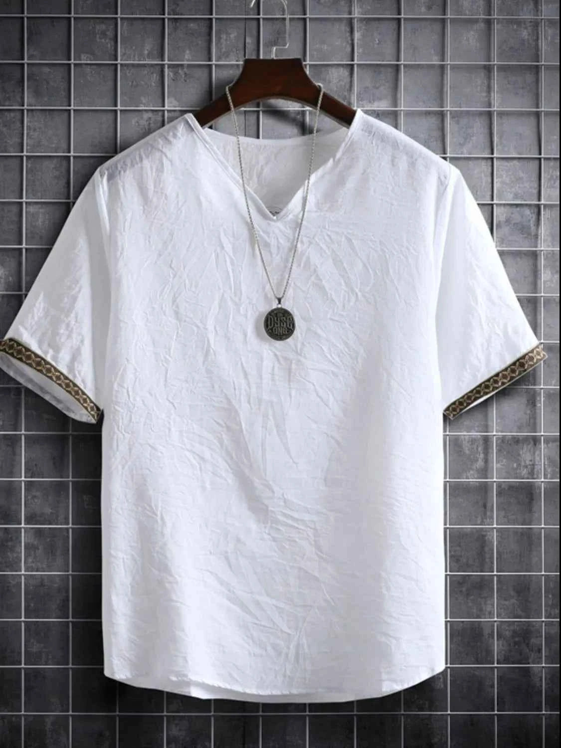 Men's Plus Size Texture Short Sleeve Top with Ethnic Trim