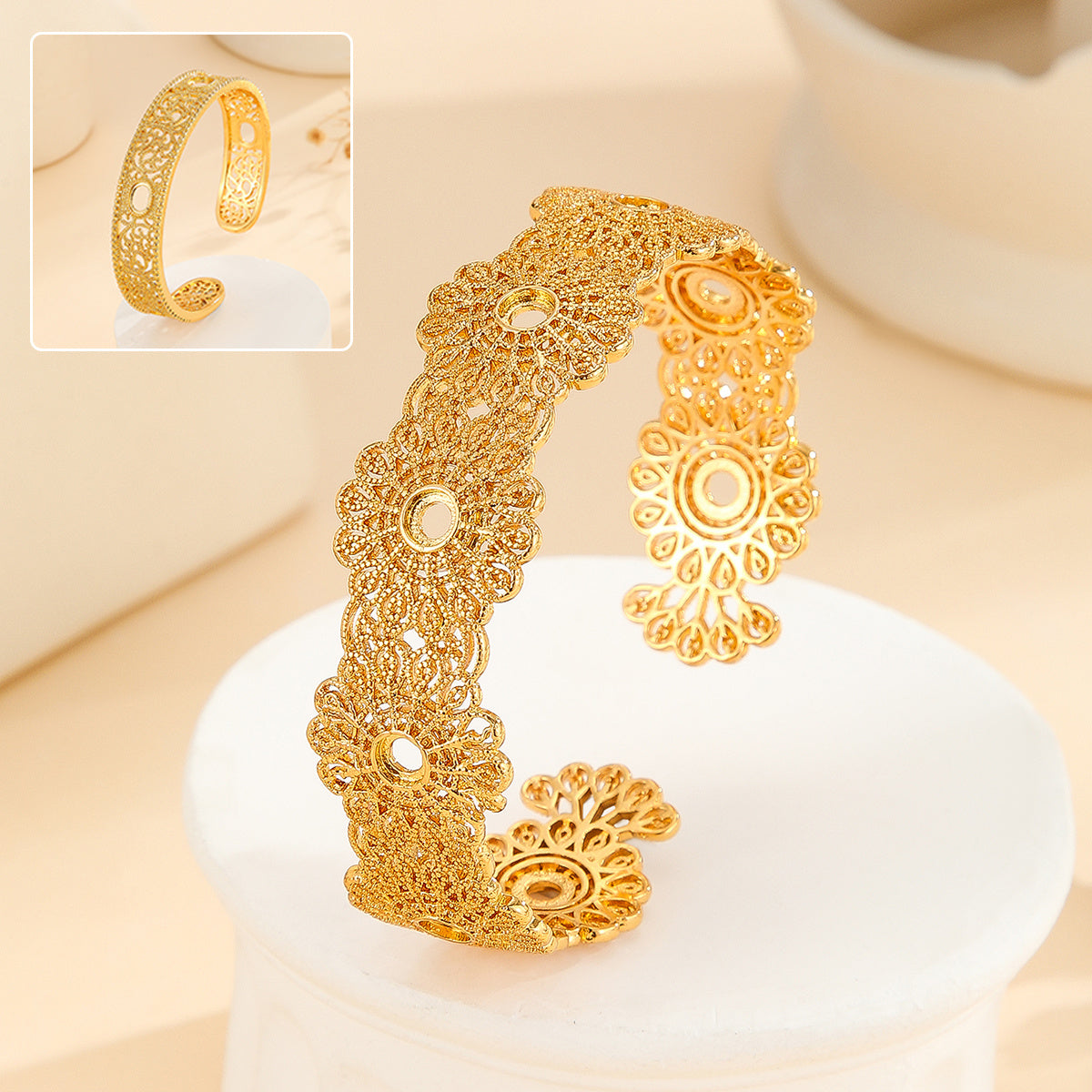 Luxury Style Gold Bracelet Hollowed Out Lace Flower Design Wedding Gold Jewelry - OnlyAttire