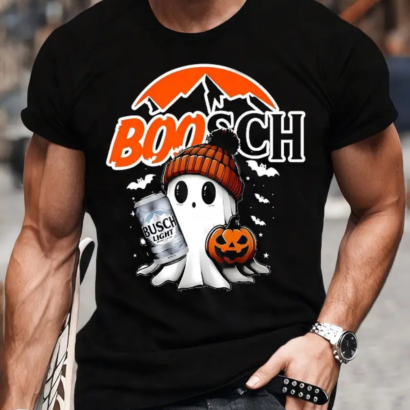 Halloween Boosch Printed Casual T-shirt, Men's Halloween Ghost Pumpkin T-shirt, - OnlyAttire