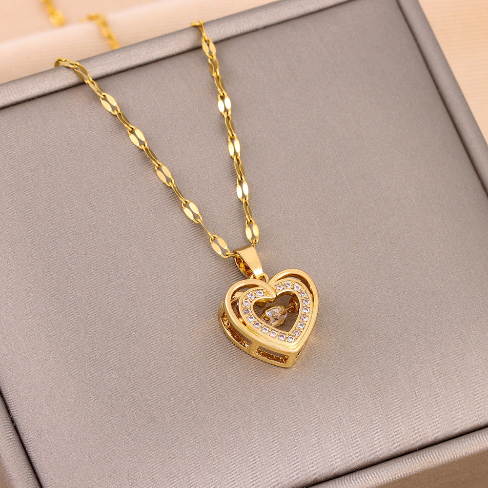 Double-layer Love Necklace With Rhinestones Titanium Steel Pendant - OnlyAttire