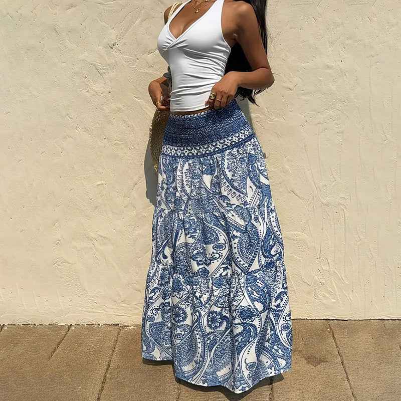 Women's Boho Floral Print Maxi Skirt - Elastic Waist A-Line Long Skirt For Spring & Summer Casual Beach Skirt