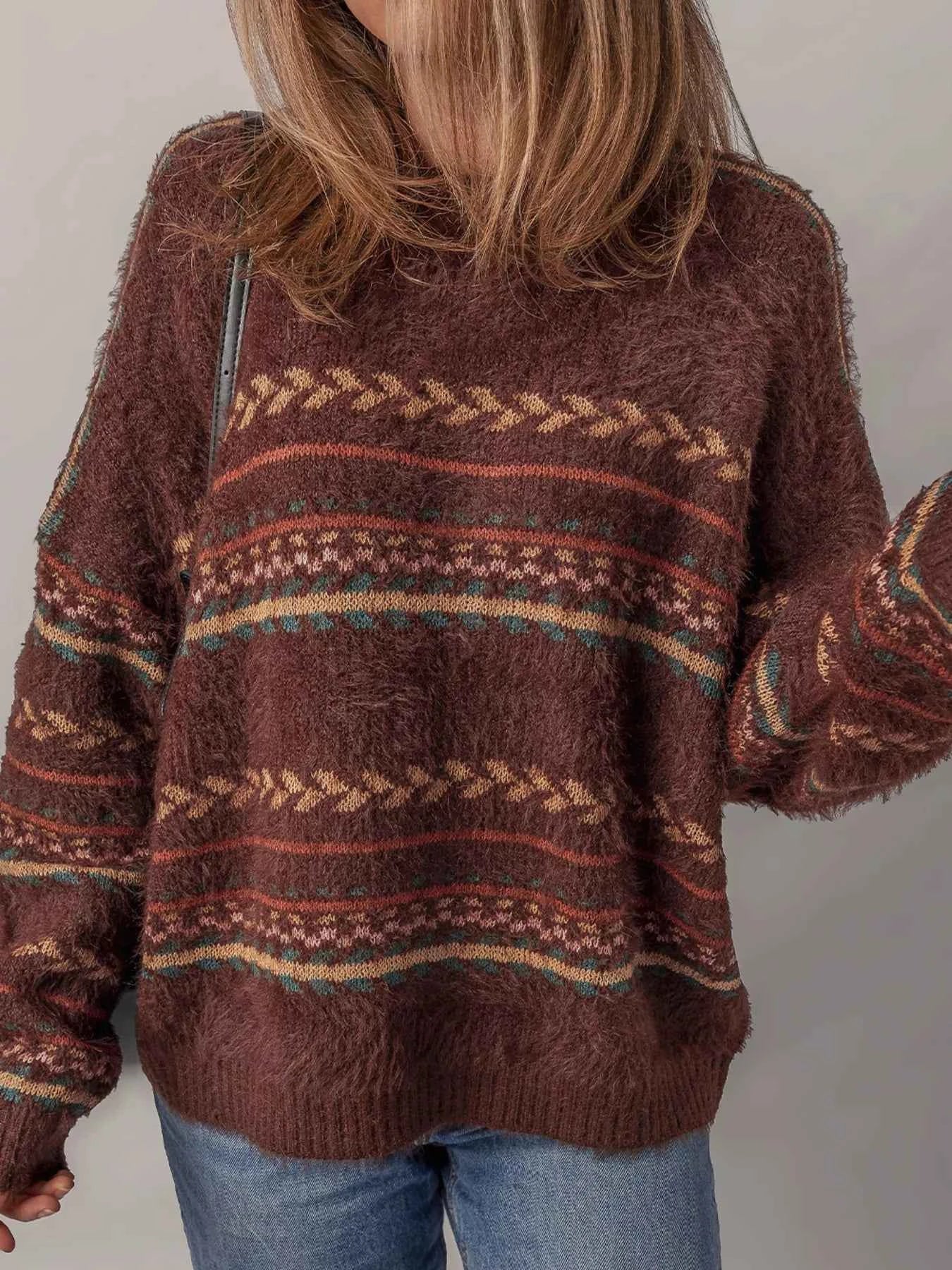 Ethnic Pattern Mohair Knitted Drop Shoulder Sweater