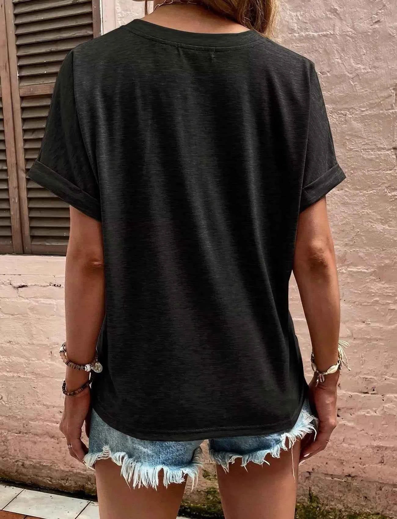 Full Size Notched Short Rolled Sleeve Top Plus Size