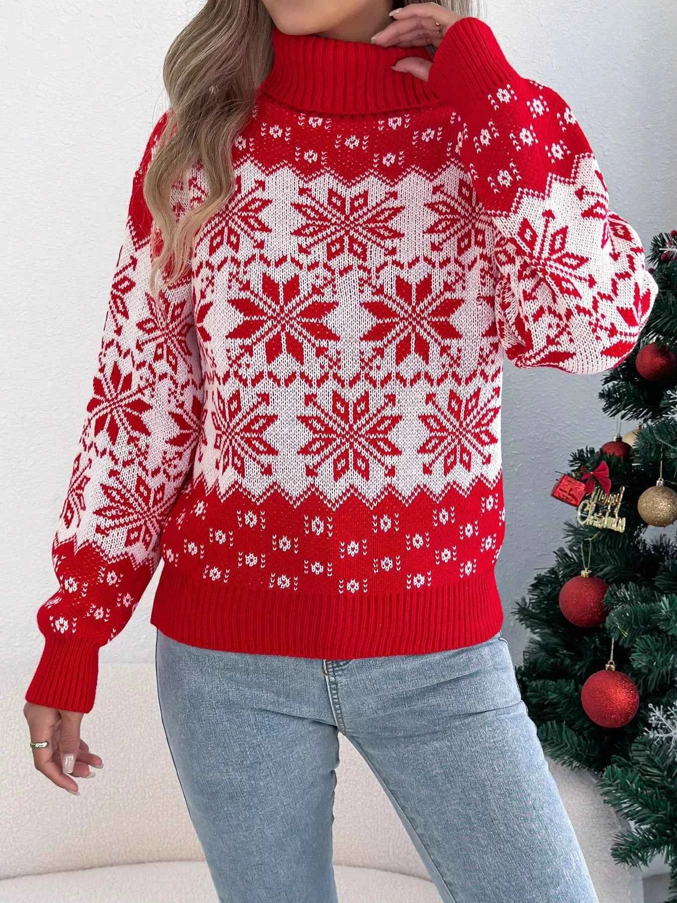 Christmas Snowflake Turtleneck Long Sleeve Sweater
