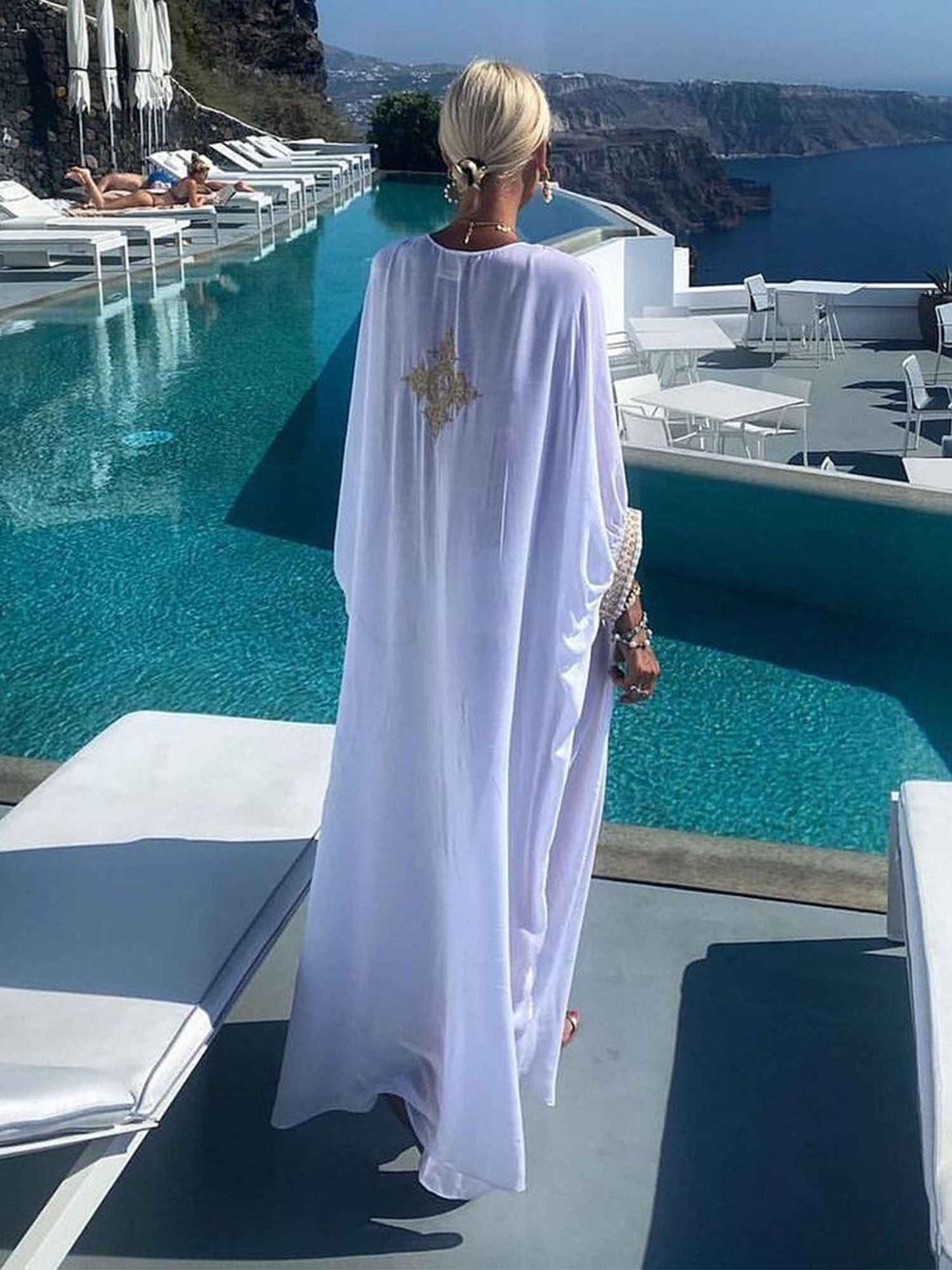Elegant Embroidered Retro V-neck White Dress; Summer Beach Wear Vacation Dress; Women's Clothing