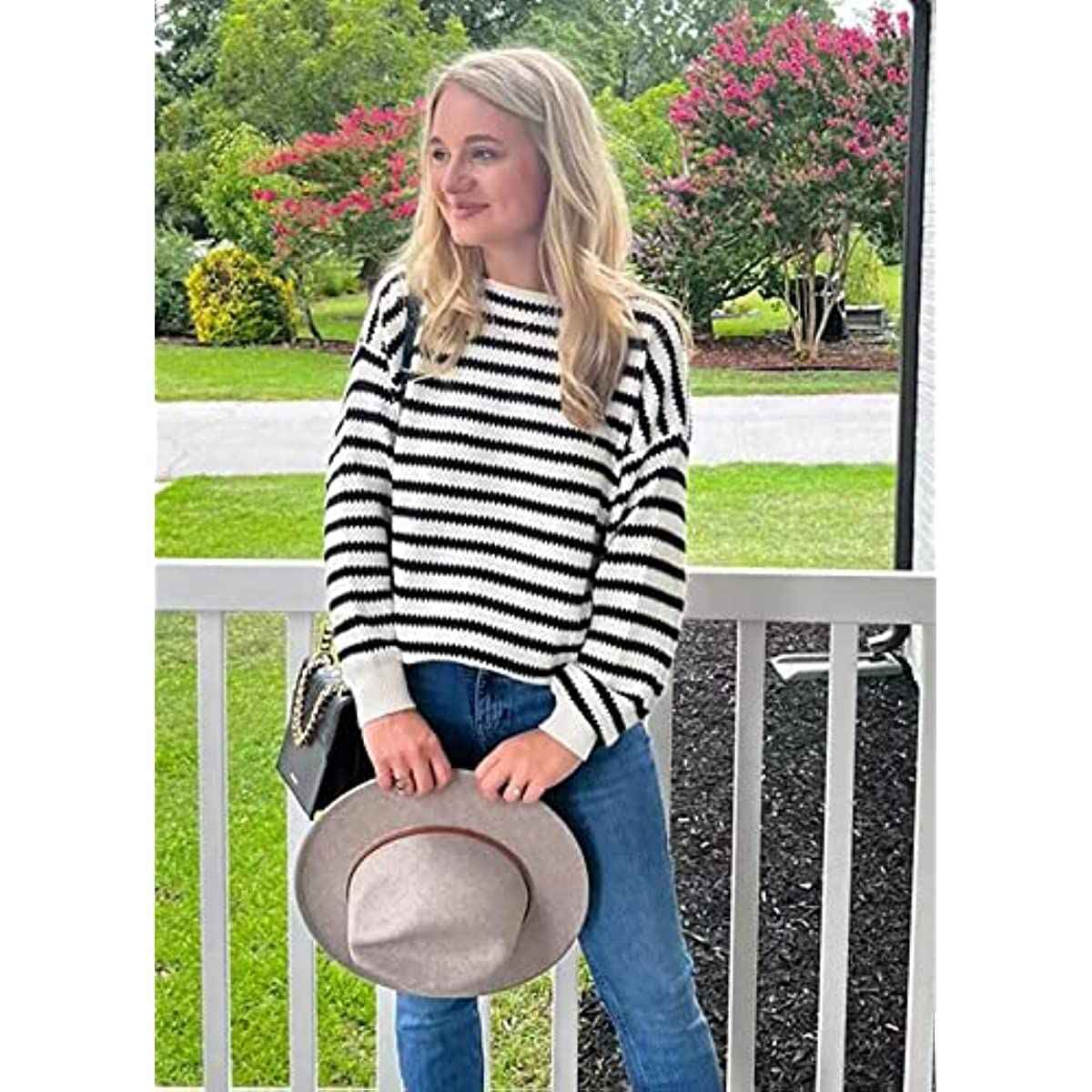 Fall Winter Women's Oversized Long Sleeve Striped Sweater Casual Crewneck Side Split Pullover Knit Tops