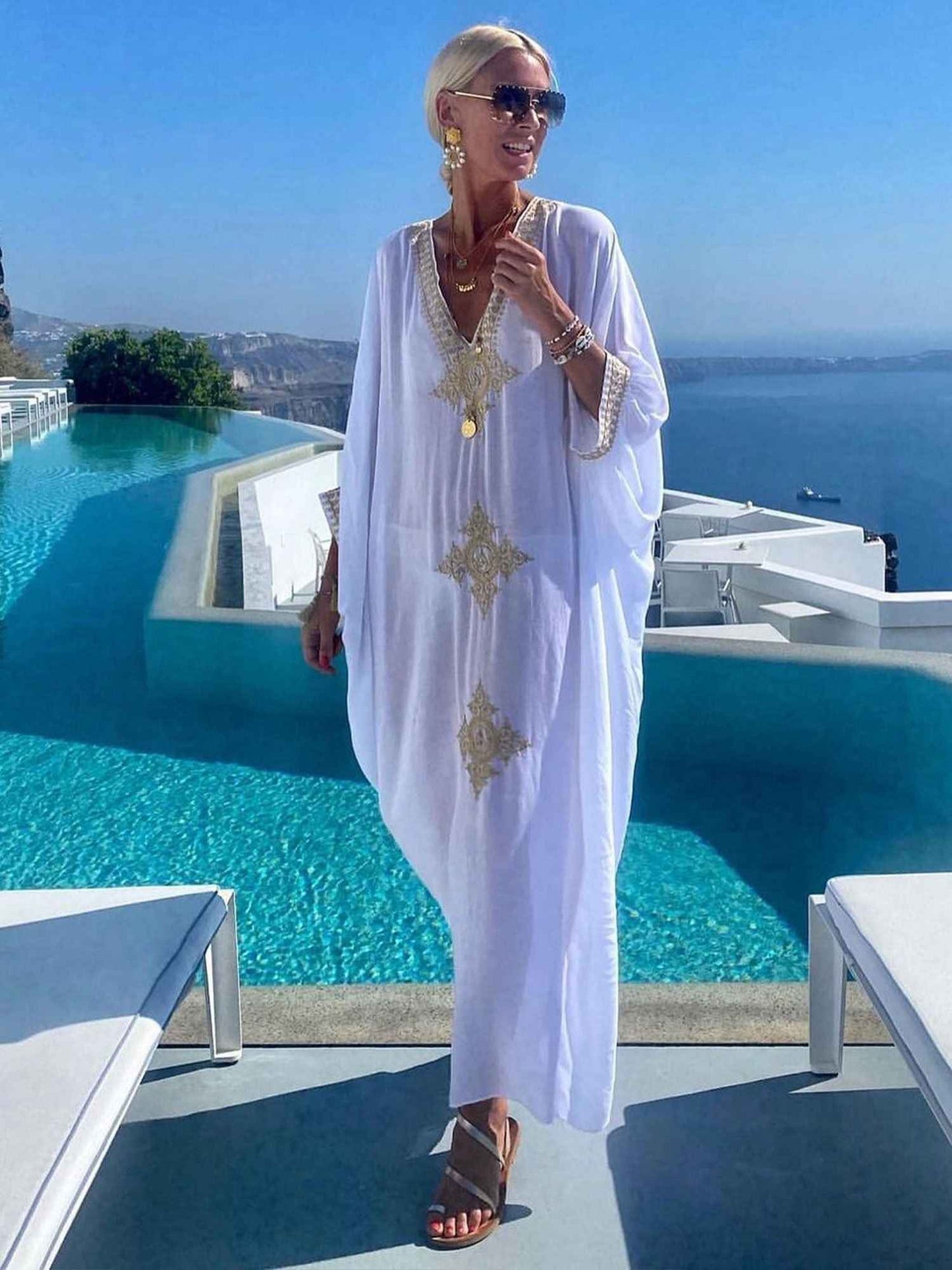 Elegant Embroidered Retro V-neck White Dress; Summer Beach Wear Vacation Dress; Women's Clothing