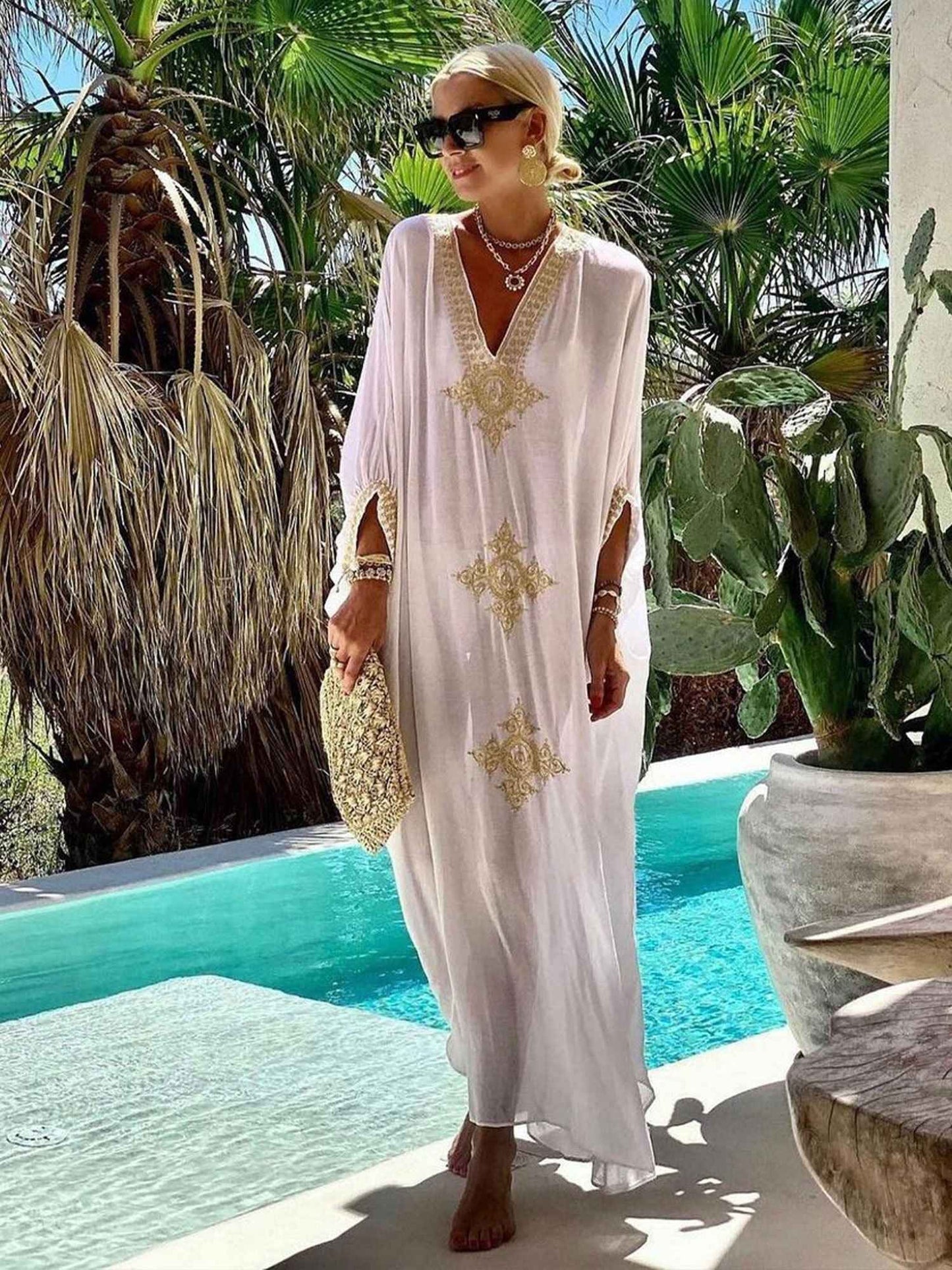 Elegant Embroidered Retro V-neck White Dress; Summer Beach Wear Vacation Dress; Women's Clothing
