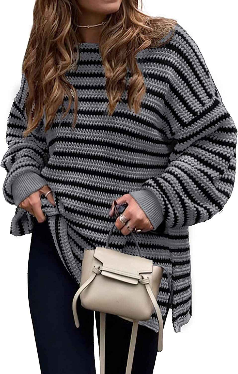 Fall Winter Women's Oversized Long Sleeve Striped Sweater Casual Crewneck Side Split Pullover Knit Tops