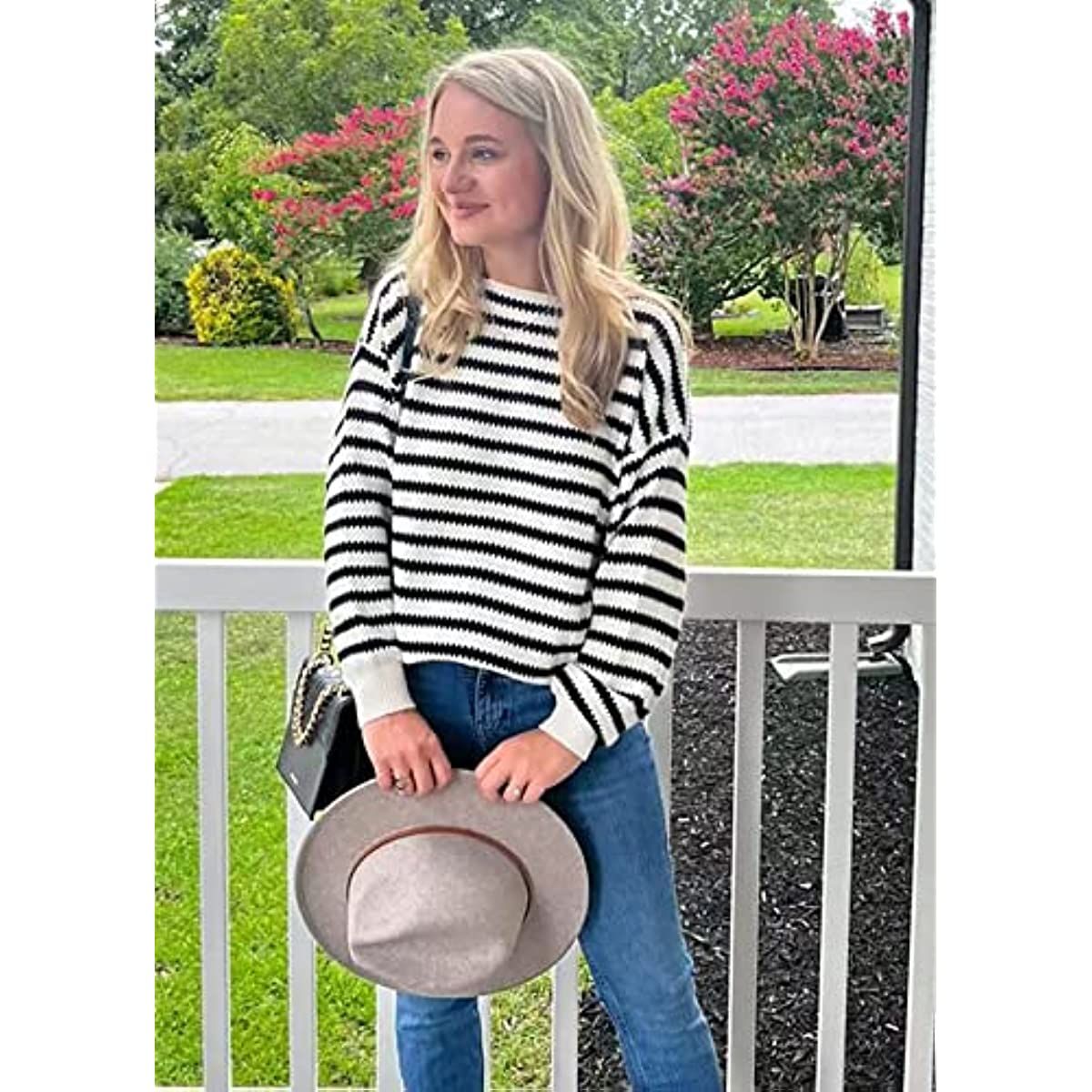 Fall Winter Women's Oversized Long Sleeve Striped Sweater Casual Crewneck Side Split Pullover Knit Tops