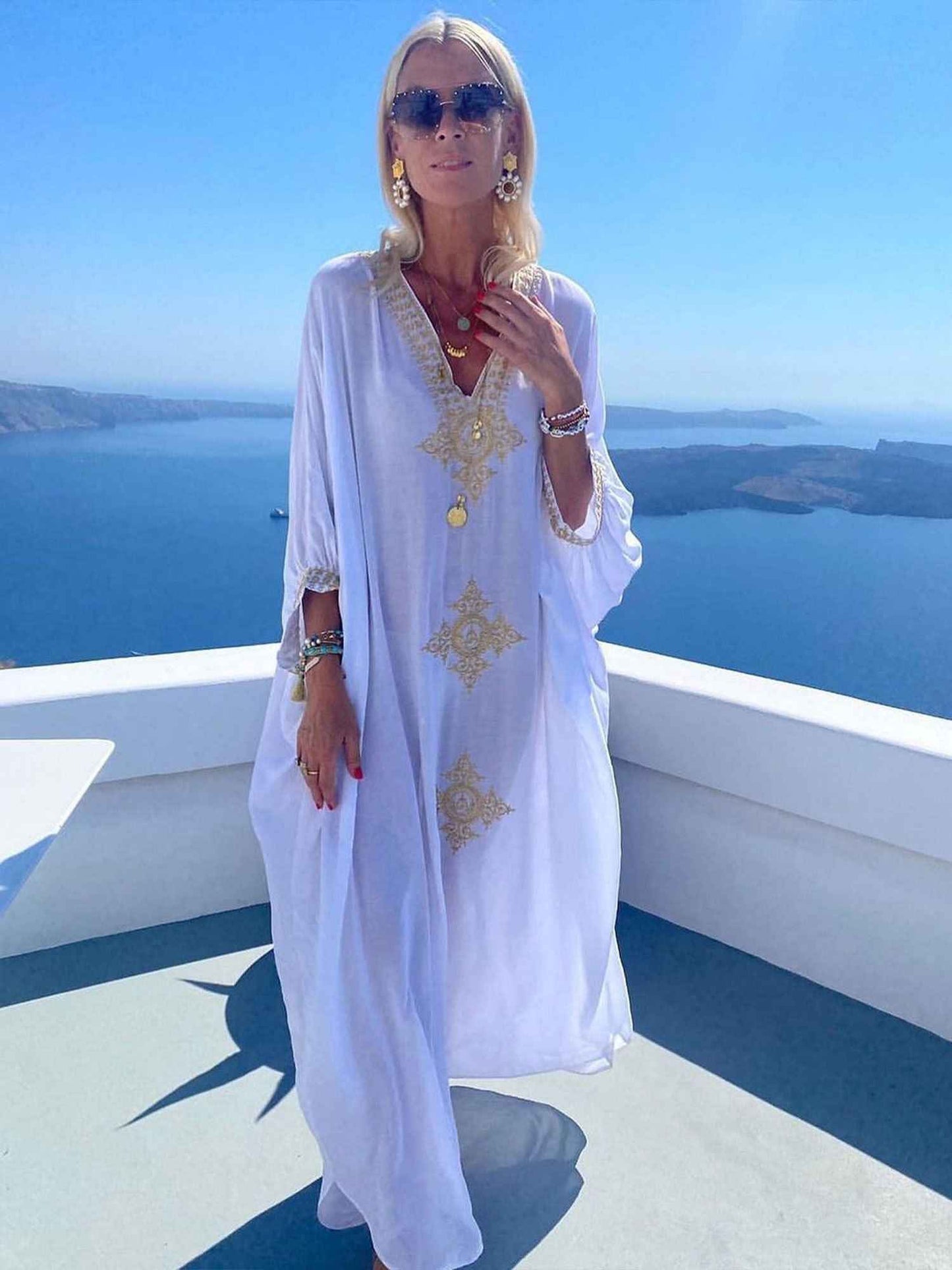 Elegant Embroidered Retro V-neck White Dress; Summer Beach Wear Vacation Dress; Women's Clothing