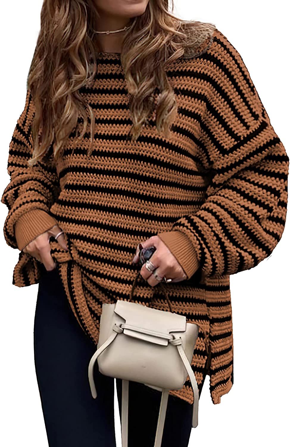 Fall Winter Women's Oversized Long Sleeve Striped Sweater Casual Crewneck Side Split Pullover Knit Tops