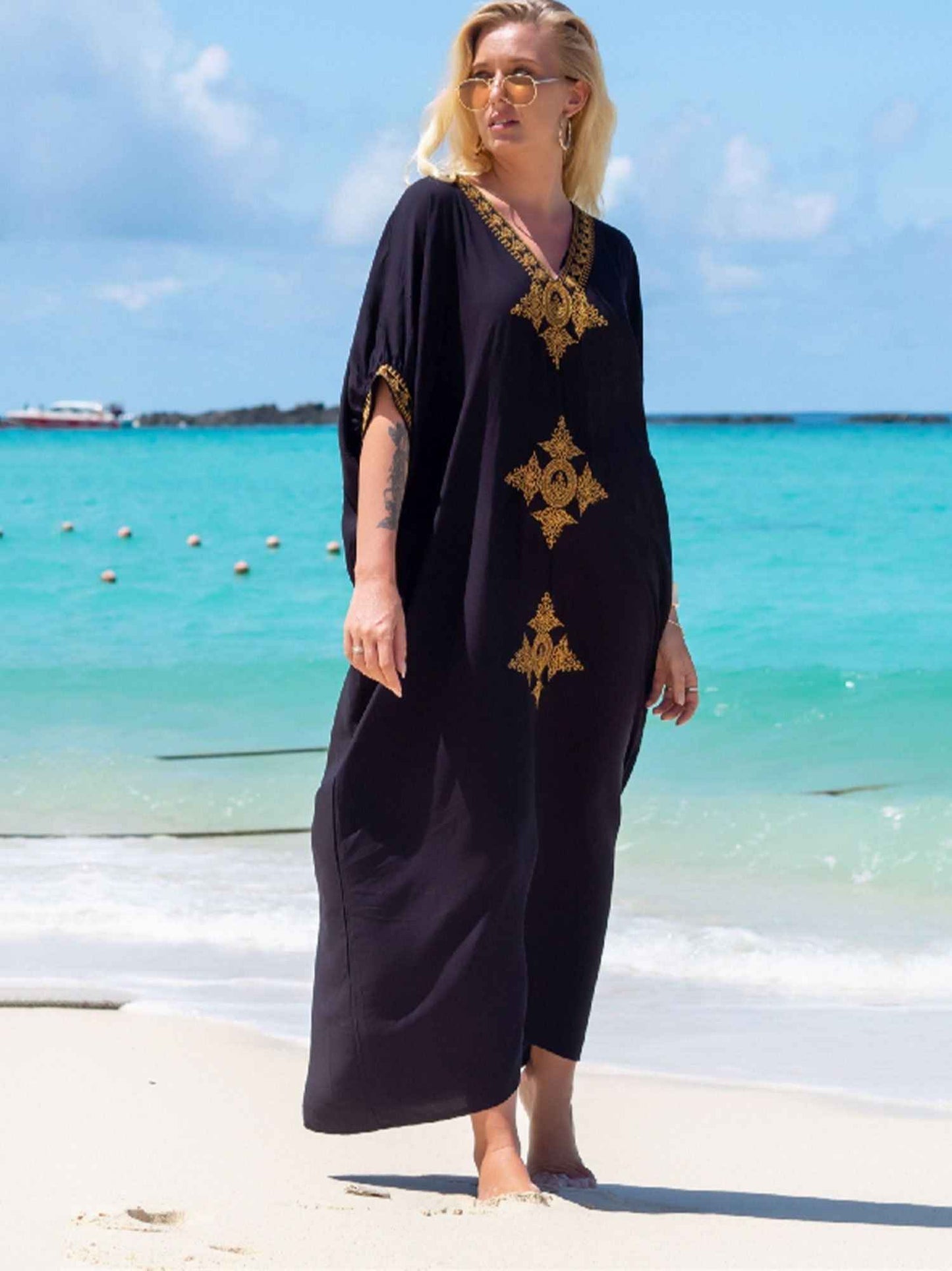 Elegant Embroidered Retro V-neck White Dress; Summer Beach Wear Vacation Dress; Women's Clothing