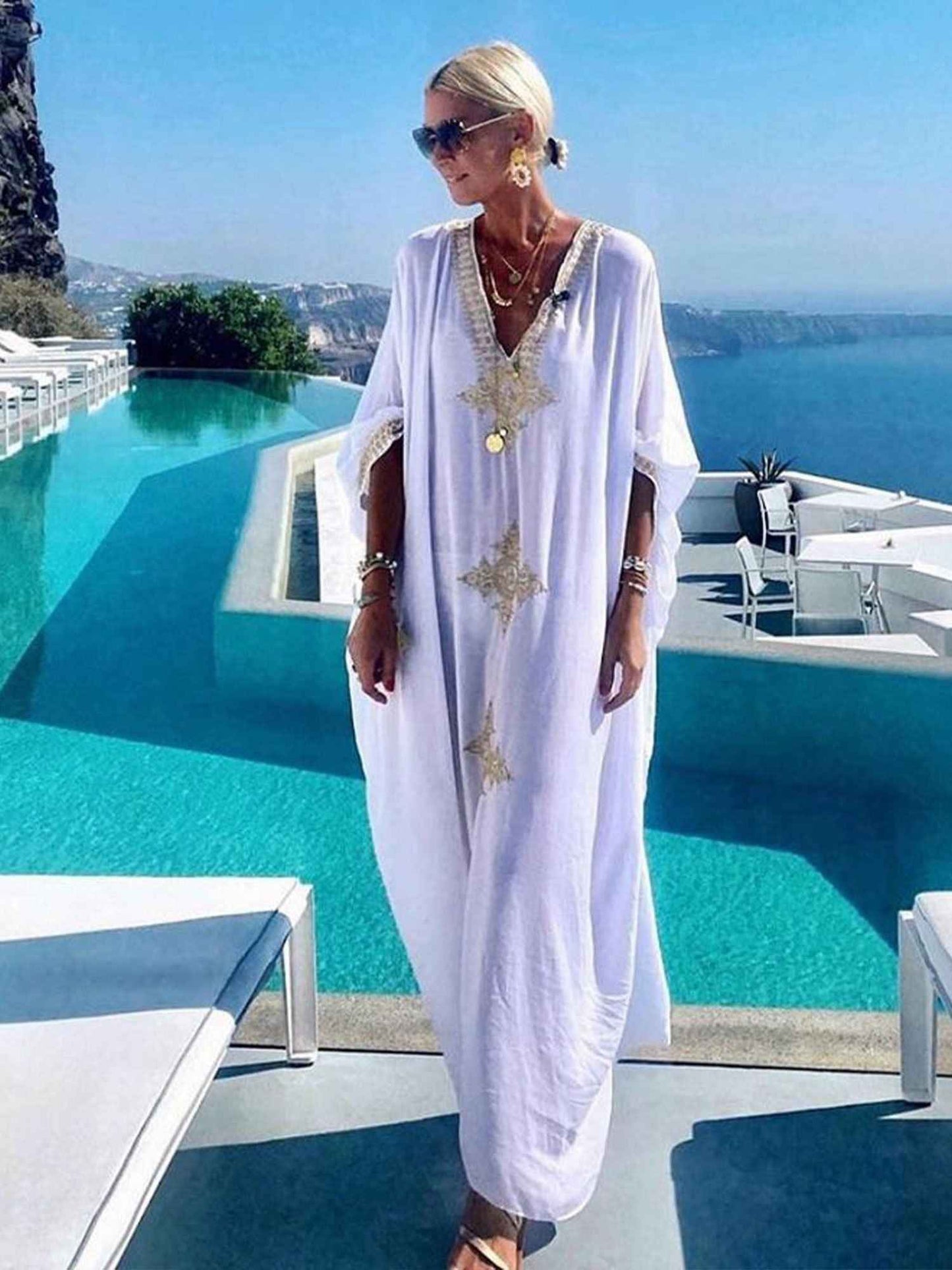 Elegant Embroidered Retro V-neck White Dress; Summer Beach Wear Vacation Dress; Women's Clothing
