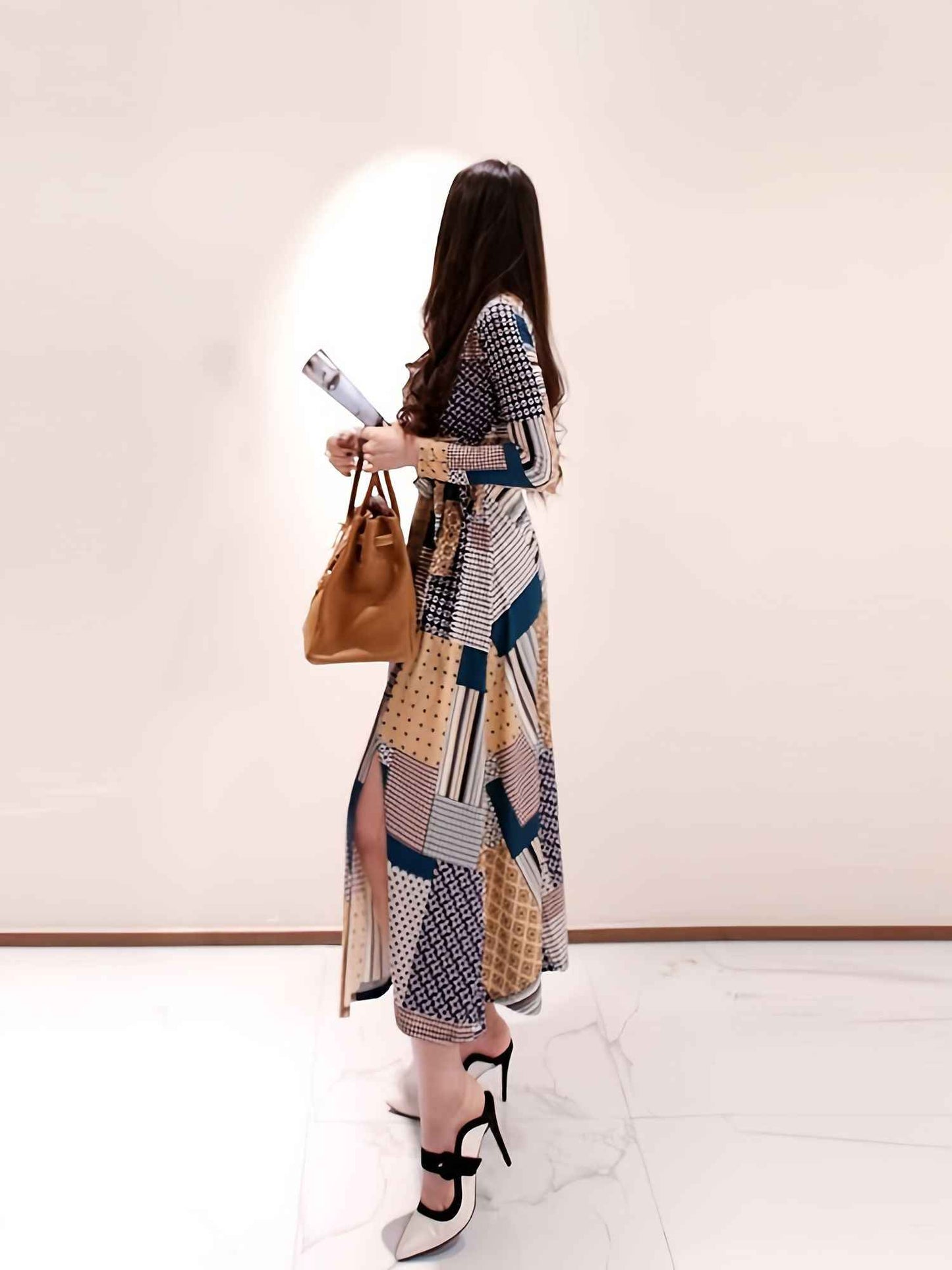 OL Temperament V-neck Lace Up Wrap Print Maxi Dress; Fashion Big Swing Dress; Women's Clothing