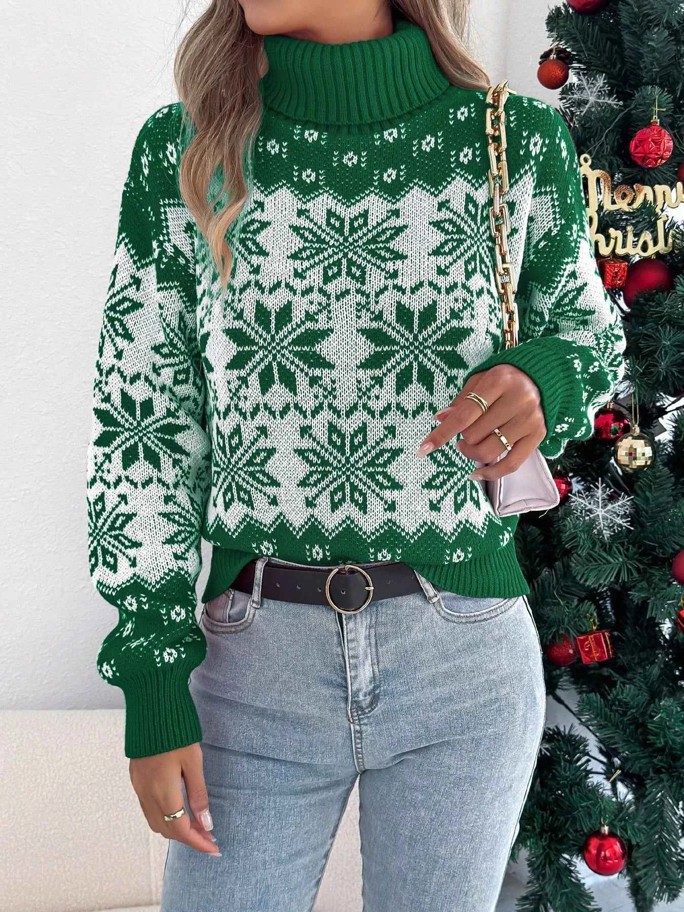 Christmas Snowflake Turtleneck Long Sleeve Sweater