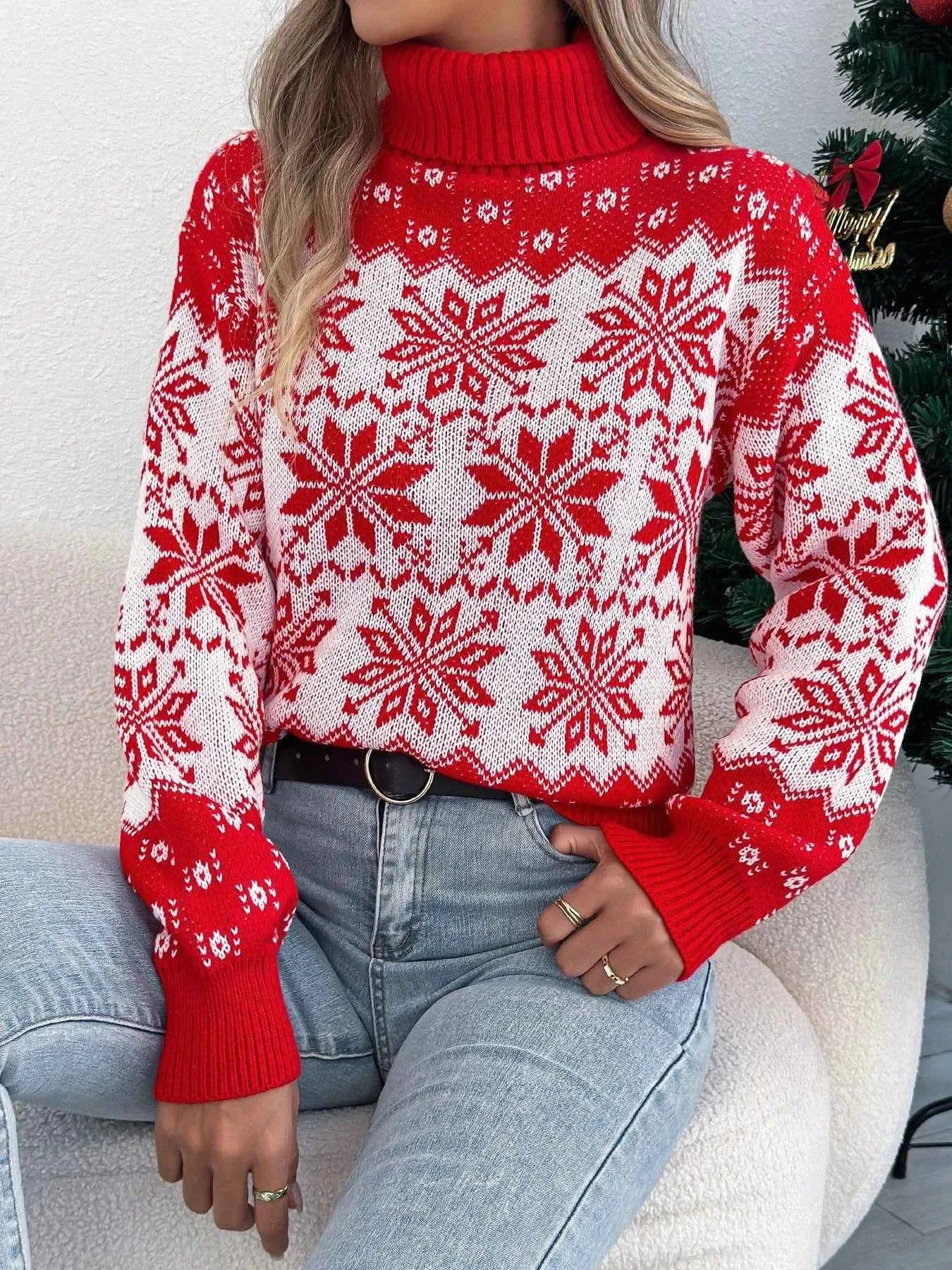 Christmas Snowflake Turtleneck Long Sleeve Sweater