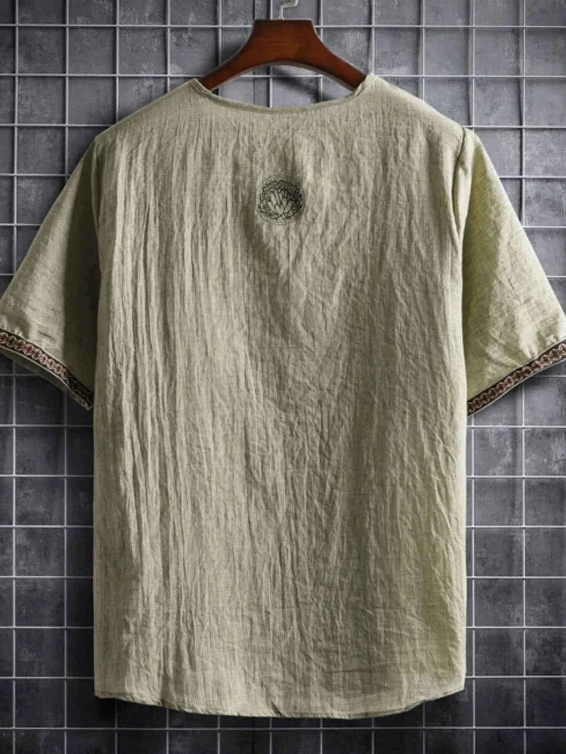 Men's Plus Size Texture Short Sleeve Top with Ethnic Trim