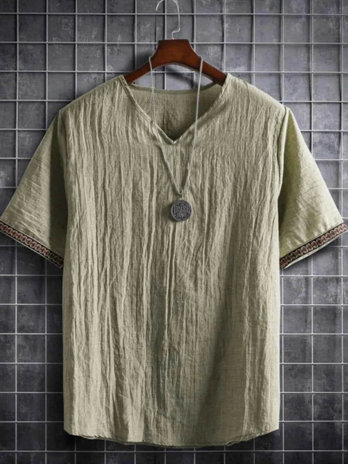 Men's Plus Size Texture Short Sleeve Top with Ethnic Trim