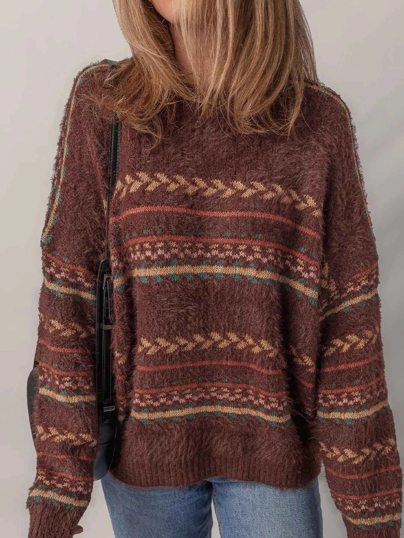 Ethnic Pattern Mohair Knitted Drop Shoulder Sweater
