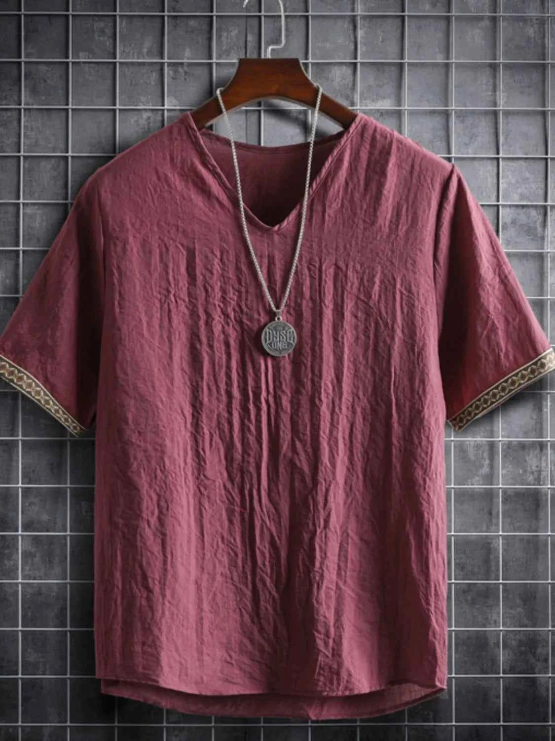 Men's Plus Size Texture Short Sleeve Top with Ethnic Trim