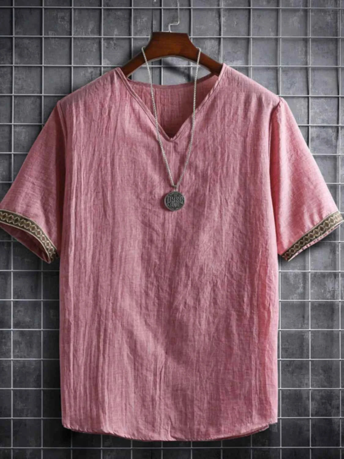 Men's Plus Size Texture Short Sleeve Top with Ethnic Trim