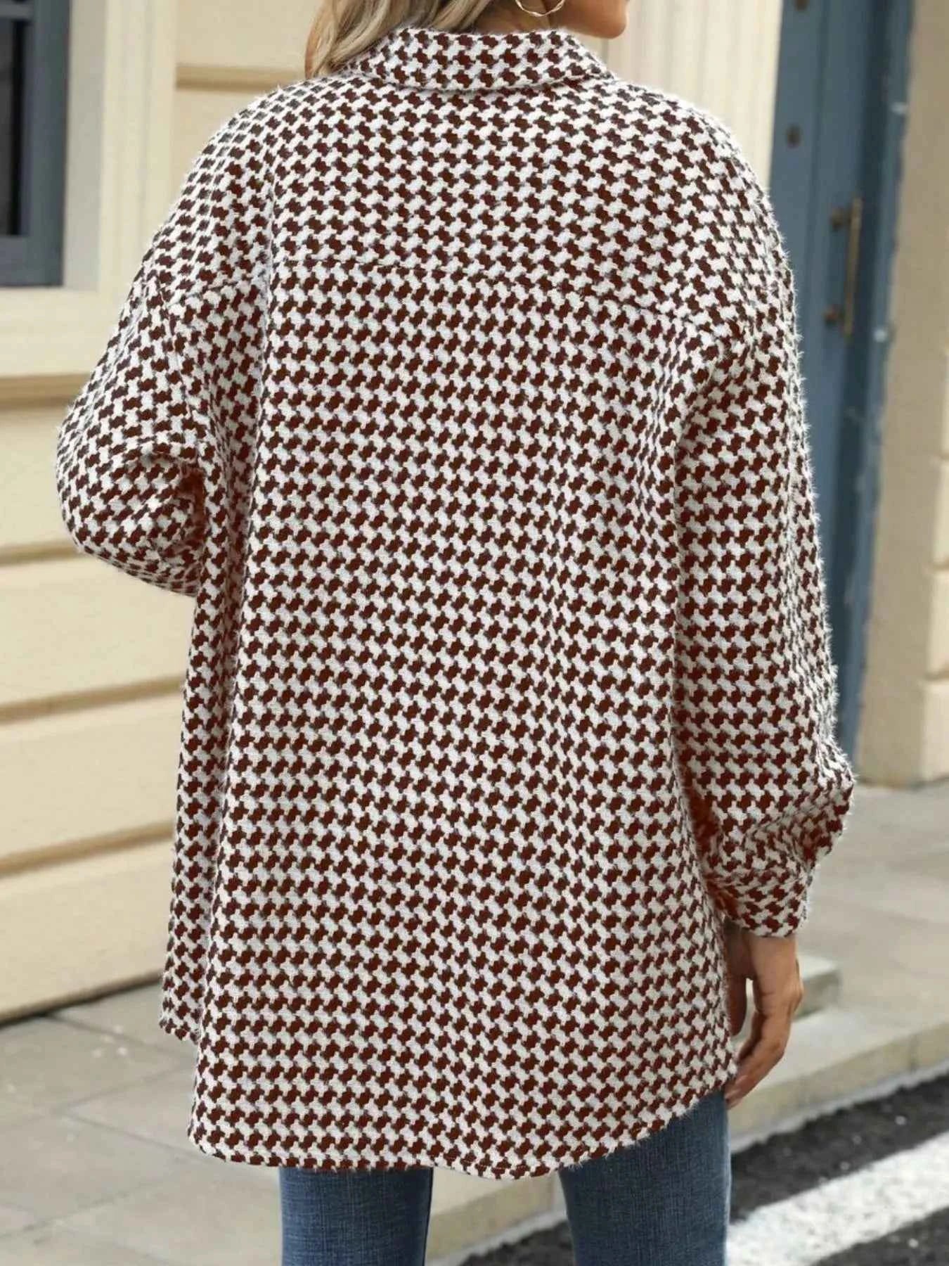 Houndstooth Button Up Long Sleeve Coat