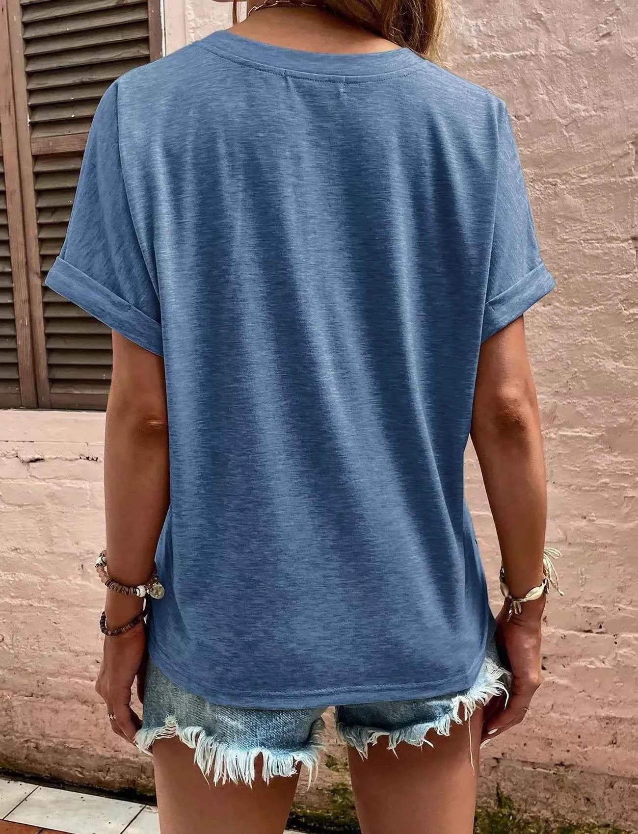 Full Size Notched Short Rolled Sleeve Top Plus Size
