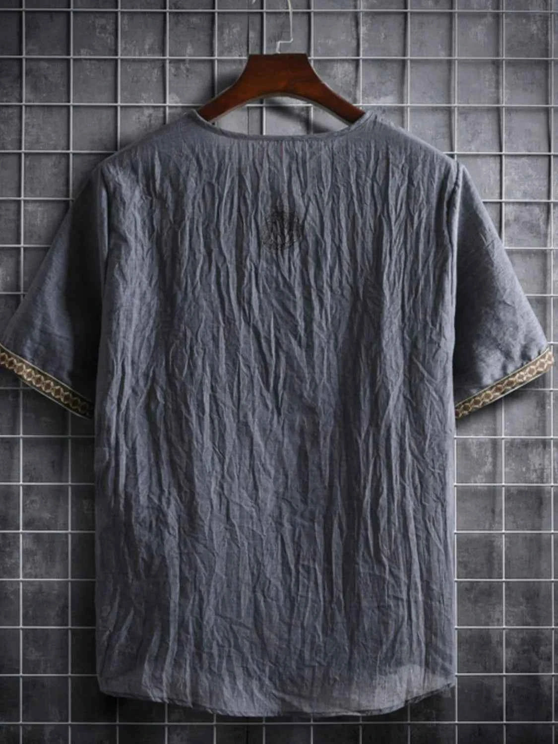 Men's Plus Size Texture Short Sleeve Top with Ethnic Trim