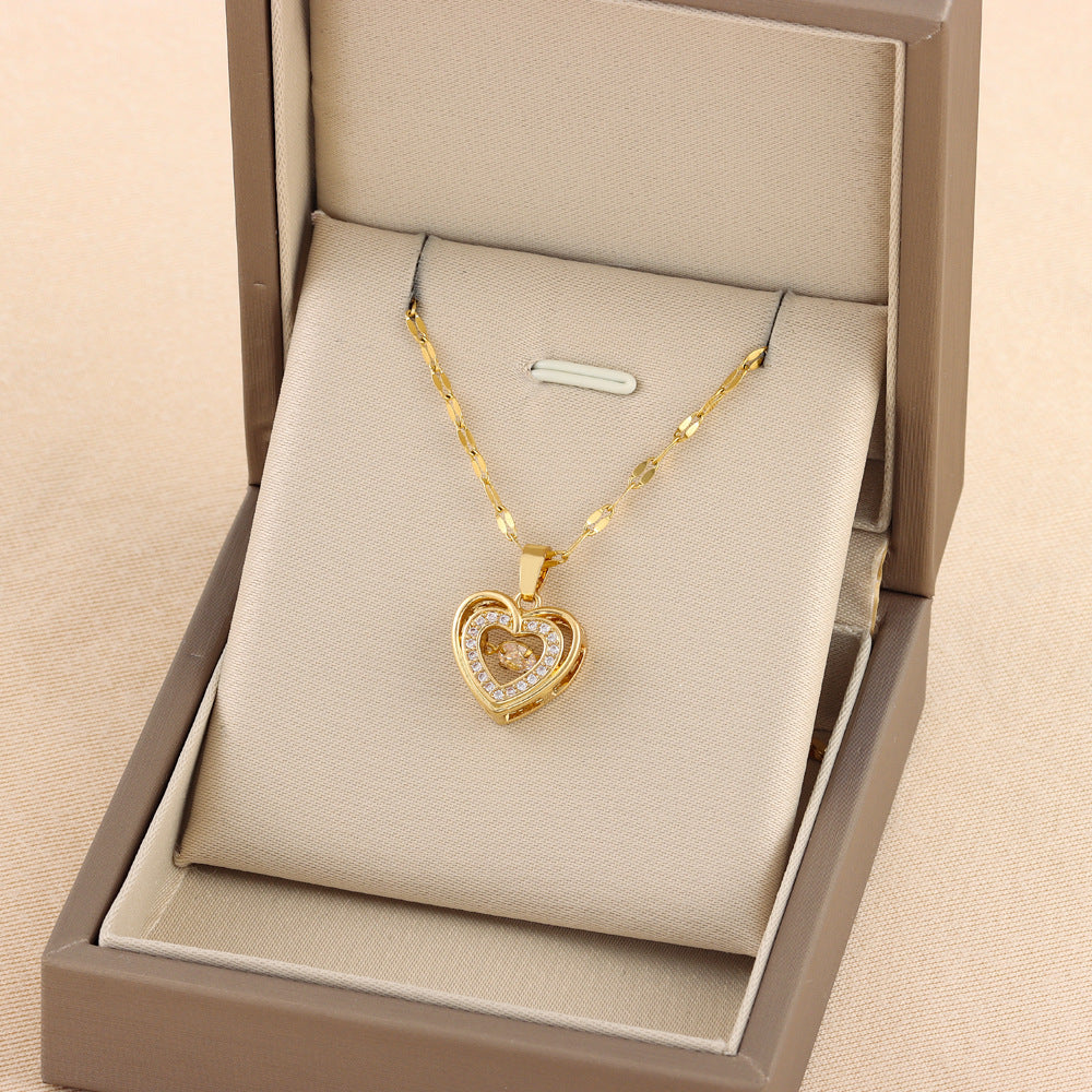 Double-layer Love Necklace With Rhinestones Titanium Steel Pendant - OnlyAttire