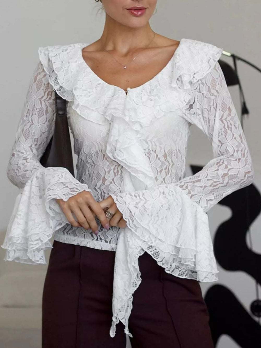 Lace V-Neck Flare Sleeve Blouse