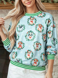 Abstract Dog Print Ribbed Cuff Round Neck Long Sleeve Sweatshirt