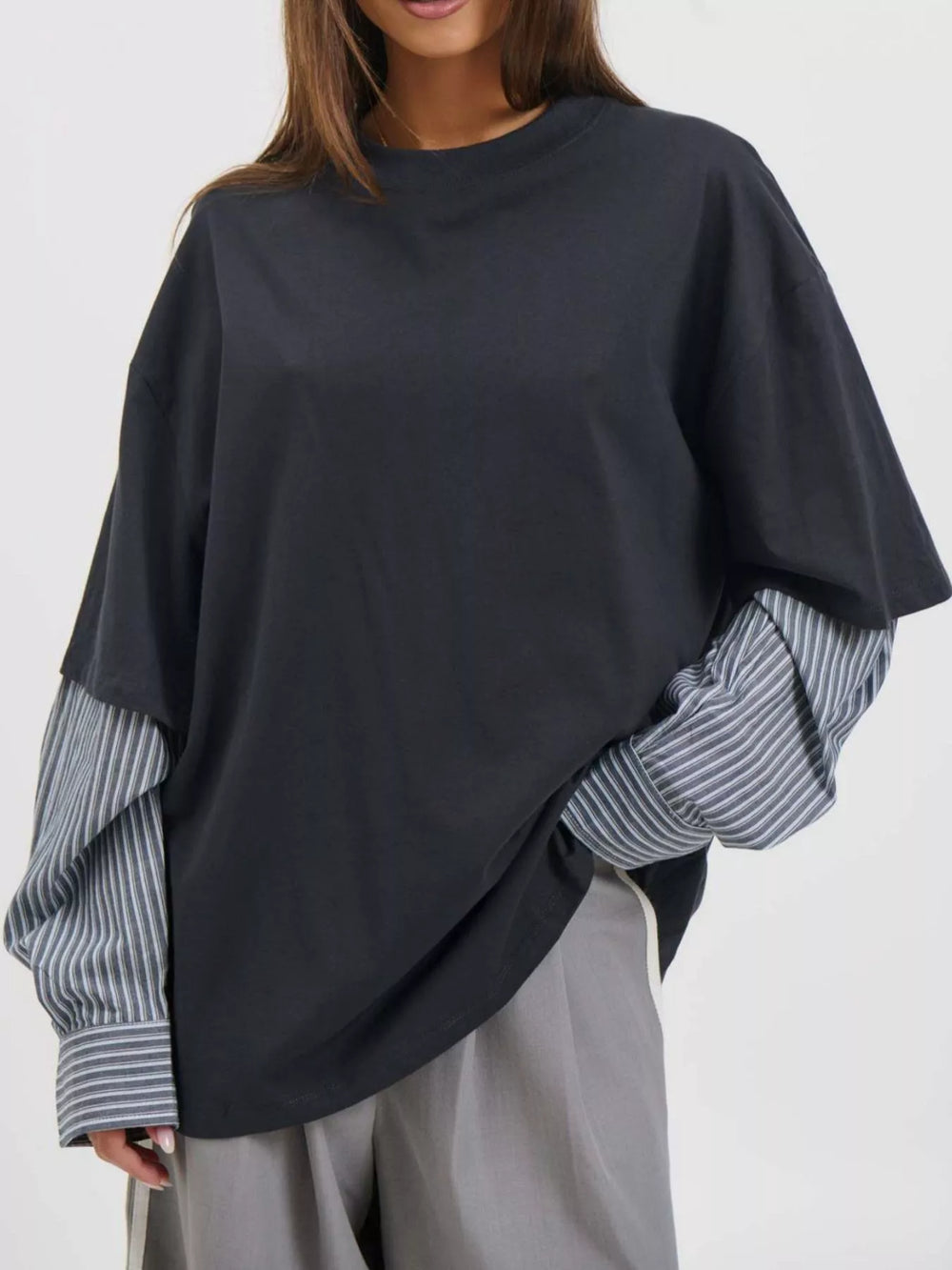 Oversized Layered-Look T-Shirt with Striped Sleeves