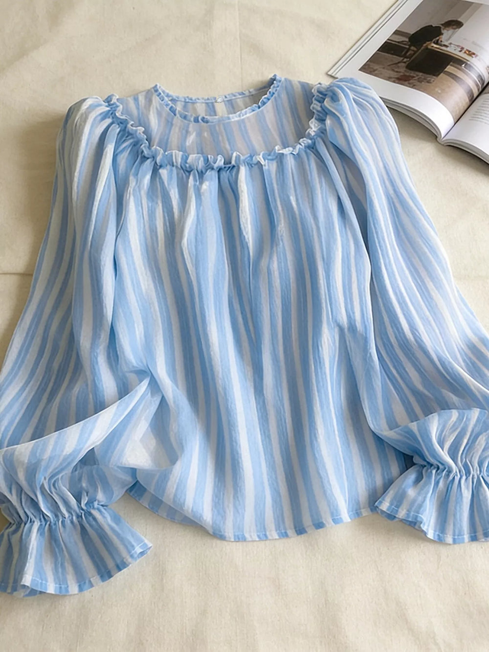 Striped Flounce Sleeve Blouse