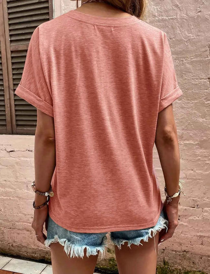 Full Size Notched Short Rolled Sleeve Top Plus Size