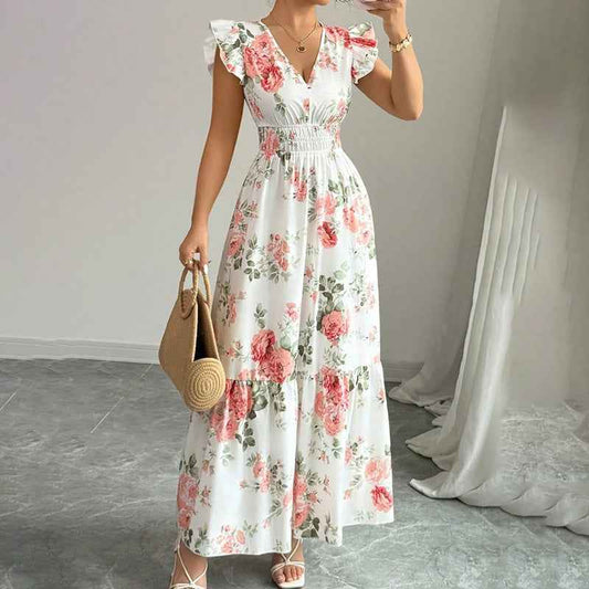 Women’s Summer Maxi Dress – V-Neck, Flutter Sleeve, Smocked Waist, Flowy A-Line Beach Dress