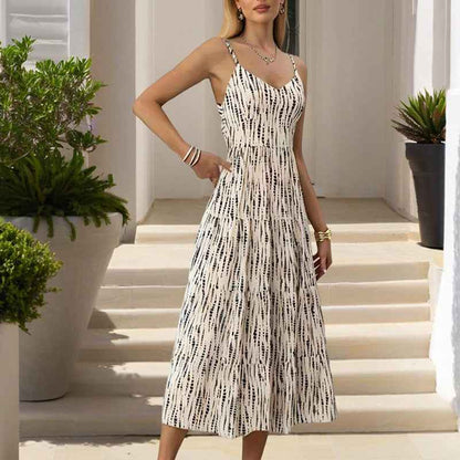 Women’s Striped V-Neck Backless Tie-Strap Maxi Dress – Sexy Elegant Summer Beach Dress