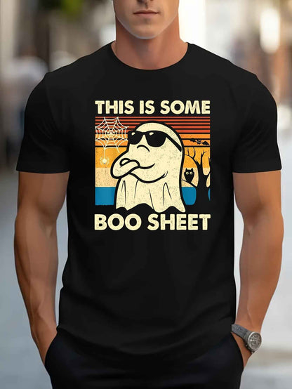 A Halloween-Themed Graphic T-Shirt—Casual Polyester Round Neck T-shirt With Spandex, Slightly Elastic, Regular Short Sleeved—Men's Halloween Ghost Print This Is Some Ghost Cloth Pullover