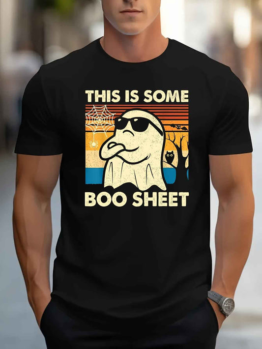 A Halloween-Themed Graphic T-Shirt—Casual Polyester Round Neck T-shirt With Spandex, Slightly Elastic, Regular Short Sleeved—Men's Halloween Ghost Print This Is Some Ghost Cloth Pullover