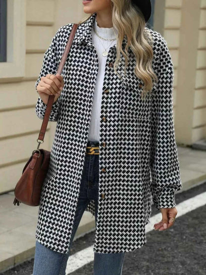 Houndstooth Button Up Long Sleeve Coat